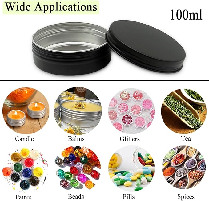 6pack 100ml Aluminum Tin Jars, 100 Gram Empty Travel Cosmetic Sample Container with Screw Cap Lid, 100g Black Metal Tins Can for DIY Crafts, Lip Balms, Face Cream, Candle, Tea, Paint, Slime