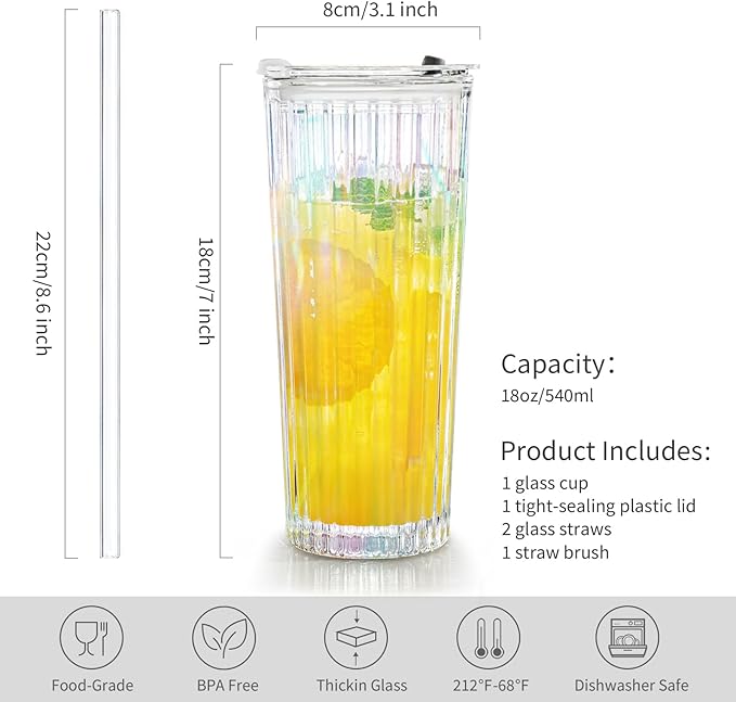 Puraville 2 Pack 18oz Glass Cups with Lids and Straws, Vintage Ribbed Striped Thickened Glassware for Whiskey Cocktail Beer, Mason Jar Drinking Glasses Tumbler Iced Coffee Cup, Rainbow