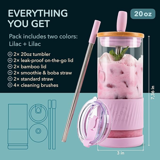 Pandaloo® Glass Cups With Lids and Straws -20 Fl Oz- Perfect Size Iced Coffee Cup - Smoothie Cup With Bamboo Lid and On the go Lid - Glass Tumbler (2 Count (Pack of 1), Lilac Rhapsody-Lilac Rhapsody)