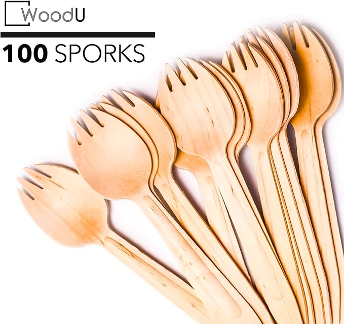 Disposable Wooden Spork by WoodU | 100% All-Natural, Eco-Friendly, Biodegradable, and compostable Spork - Pack of 100-6.5" spork wood cutlery