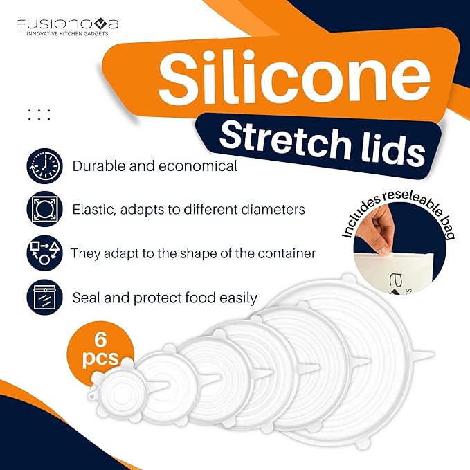 FUSIONOVA 6pcs Reusable Silicone Stretch Lids for Food Storage - Reusable Lids for Bowls - Silicone Lids for Food Storage - Reusable Stretch Wrap - Silicone Bowl Cover