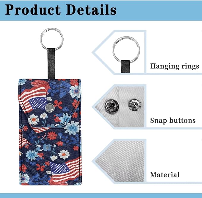 American Flag Floral Tissues Purse Pocket Portable Tissue Holder for Purse Coin Keys Tissues Packs with Hanging Rope for 4th of July Snap Button Enclosed