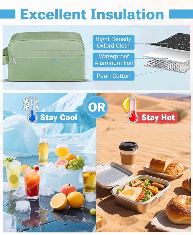 Small Insulated Snack Bag Lunch Box,Collapsible Reusable Small Lunch Bag with Snap Buckle Handle for Beach Travel Picnic,Green 5-Can(3L)