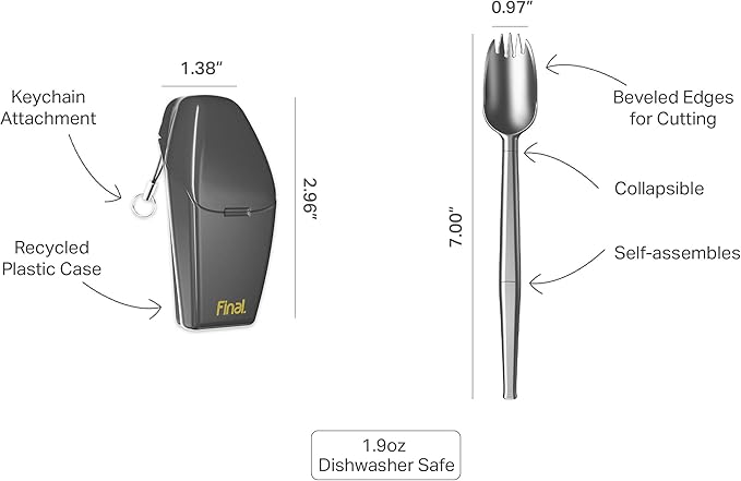 FinalSpork Collapsible, Reusable Metal Spork with Travel Case | Pocket-Sized | Stainless Steel & Platinum Grade Silicone | Eco-Friendly | Assorted Colors