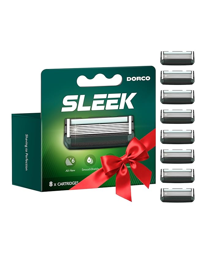 DORCO SLEEK Six Blade Razor System with Multi-Flex Technology Refill Set, Precision Shaving Razor Replacement Cartridge (8 Pack)