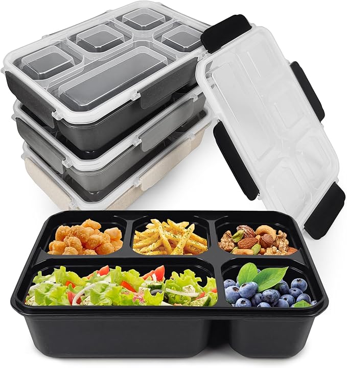 greenandlife 4 Pack Bento Lunch Box Set for Kids Adults, 5 Compartment Reusable Wheat Straw Meal Prep Food Storage Snack Containers, Stackable Snack box, Microwave and Dishwasher Safe, Grey+Black