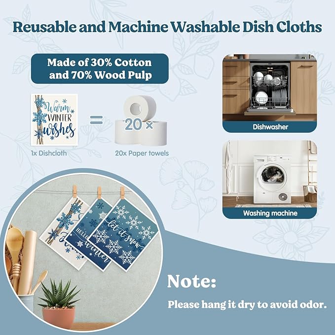 Christmas Swedish Dishcloths for Kitchen, Winter Xmas Snowflake Blue Kitchen Dish Towels for Washing Dishes, 4 Pack Reusable Paper Towels, Sponge Cloths for Home Party Housewarming Cleaning