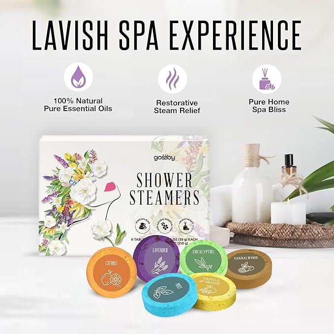 Shower Steamers Aromatherapy GOSSBY 6 Pack - Gifts for Women, Birthday Gifts for Her, Home Spa, Shower Bombs, Self Care, Relaxation, Lavender Essential Oil, Teen Girl Gifts - Serene Essence Style