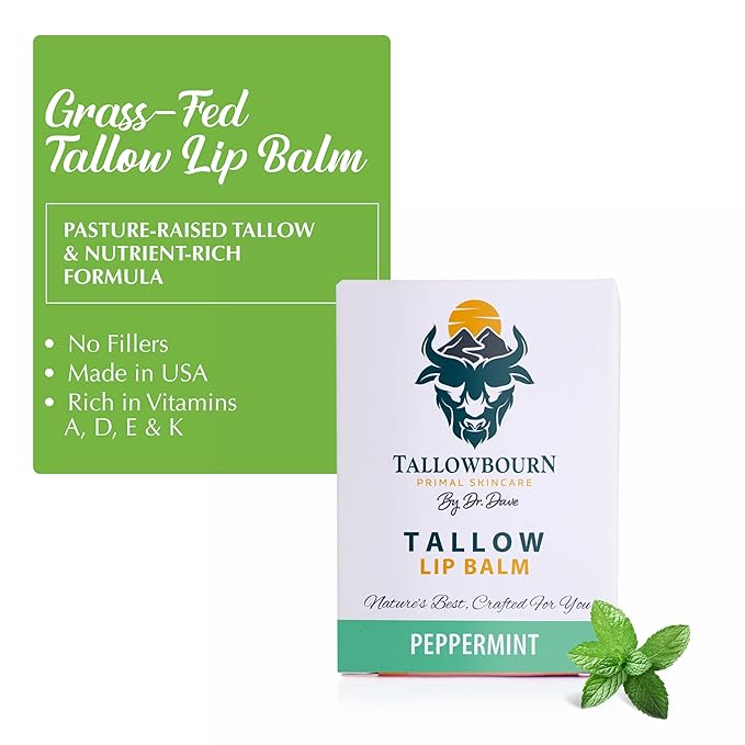 Moisturizing Tallow Lip Balm – Grass-Fed Beef Tallow with Organic Coconut Oil, Beeswax, and Vitamin E – Peppermint – Lip Balm Set – Travel Essential – 3-Pack