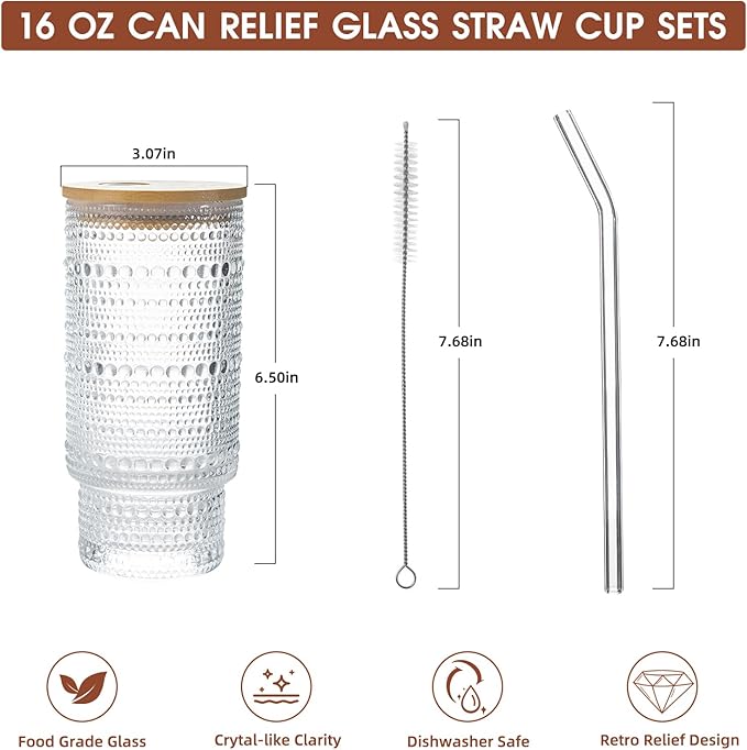 Drinking Glasses with Bamboo Lids and Glass Straw 4pcs Set,16oz Glass Tumbler Cups,Water Glasses,Iced Coffee Glasses,iced Tea Glasses,Beer Glasses,Ideal for Whiskey,2 Brushes