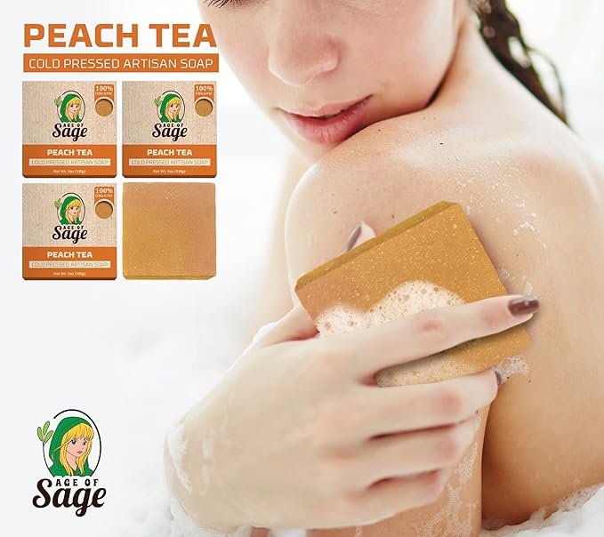Natural Bar Soap Gift Set for Women - Vegan Bath Handmade Cold Process Artisan Soap with Essential Oil, Aromatic All Moisturizing Wash Soaps, Fragrant Peach Tea Scent (4 Pack)