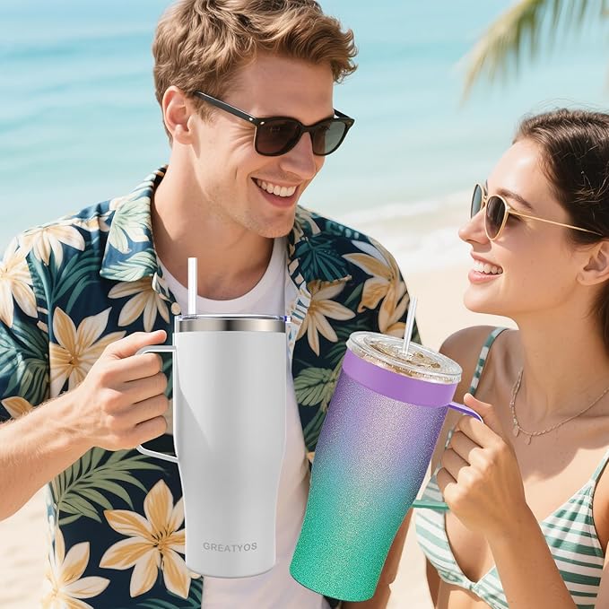 Universal Iced Coffee Sleeve with Handle - Insulated Double Wall Reusable Stainless Steel Holder Insulator for Cold Drinks Fits Small Medium Large To Go Cups Gifts for Men Women Him Her (White)