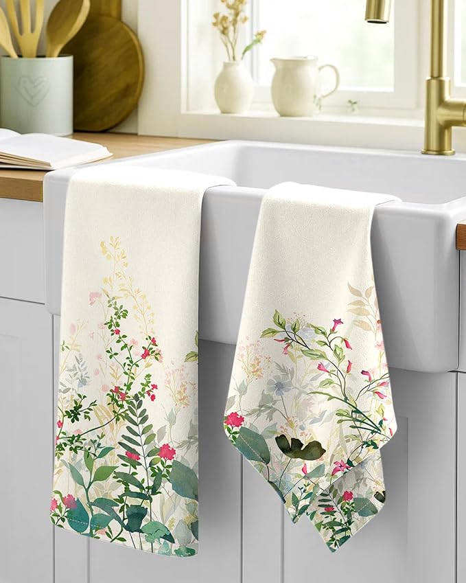 Flour Sack Kitchen Towels Set of 2-18x26 Cotton Dish Towels with Hanging Loop Reusable Tea Towel for Cleaning Spring Absorbent Dishcloths Cute Home Decor Housewarming, Ink Flowers