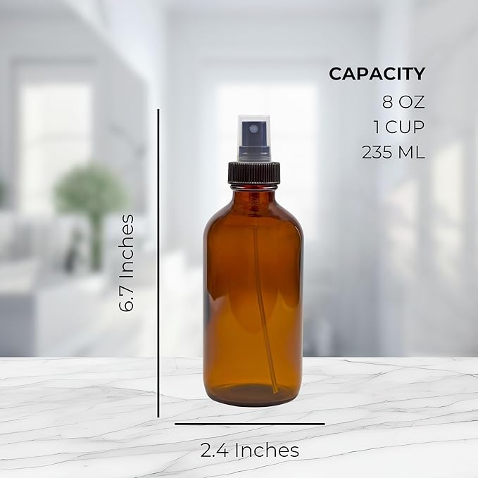 Cornucopia Brands 8-Ounce Amber Glass Fine Mist Spray Bottles (Pack of 4) Boston Round w/Atomizer Spritzers for Aromatherapy Perfume, Cologne, DIY & More