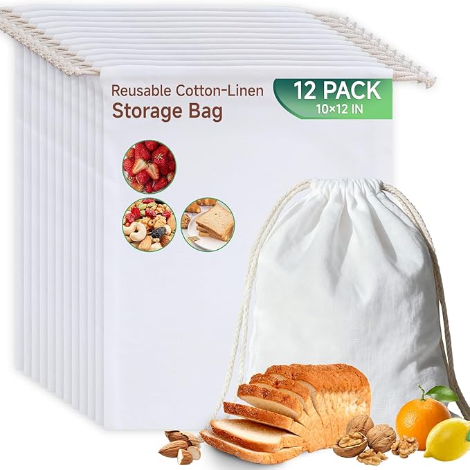 Simple&Opulence 12-Pack 10” x 12” Linen Cotton Drawstring Bags Reusable Grocery Sacks, DIY Craft Sachet Sacks Storage Cloth Bags for Party Wedding Home Bulk Produce Bags, Washable, White