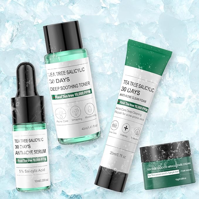 Tea Tree Salicylic Acid Facial Skin Care Set,Travel Size Gifts Set Cystic Hormonal Acne Treatment Face Wash Cleanser, Facial Toner Cream Moisturizer Travel Essentials for Pimple