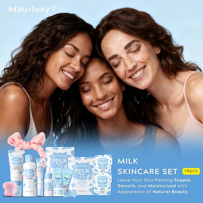 Milk Skincare Gift Set for Women/Girls - Skin Care for Kids Cleaning & Hydrating & Nourish Skincare for Teens 10-12 Ideal for Beginners - Christmas Gifts for Teenage (14Pcs-IN-Gift Box)