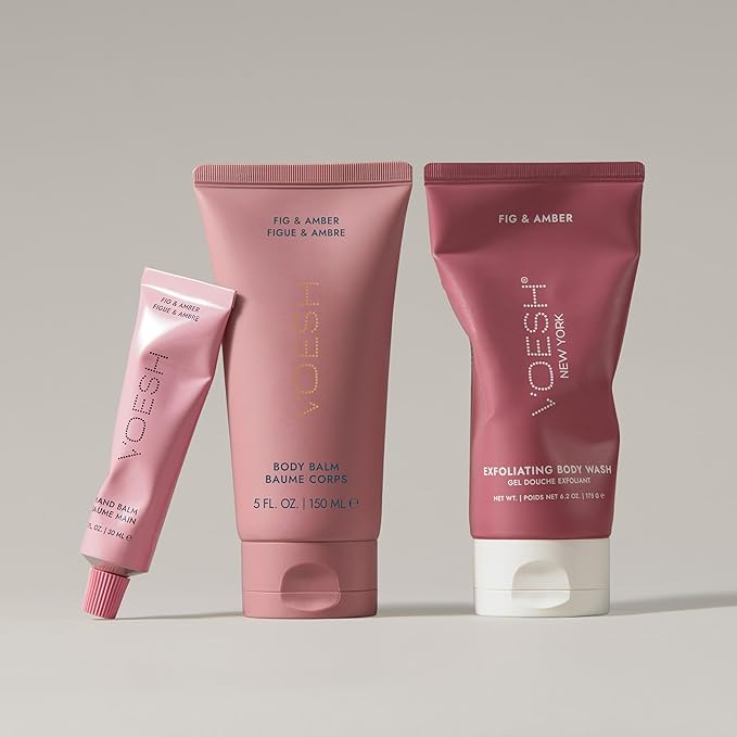 VOESH Hand & Body Glow Holiday Gift Set - 3-Piece Gift Set for Radiant Skin - Exfoliating Body Wash, Body Balm & Hand Balm - Vegan K-Beauty Korean Skincare - Fig & Amber Scent