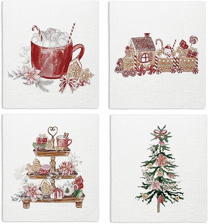 Swedish Dishcloths for Kitchen, Christmas Xmas Tree Snowman Winter Kitchen Dish Towels for Washing Dishes, 4 Pack Reusable Paper Towels, Sponge Cloths for Holiday Home Cleaning Baking Cooking