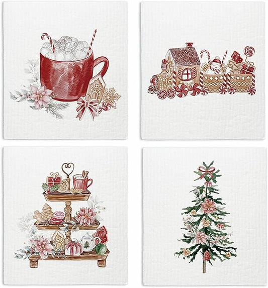 Swedish Dishcloths for Kitchen, Christmas Xmas Tree Snowman Winter Kitchen Dish Towels for Washing Dishes, 4 Pack Reusable Paper Towels, Sponge Cloths for Holiday Home Cleaning Baking Cooking