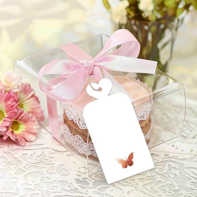 joycraft 100Pcs Gift Tags with String, 4x2 in Blank Tags with Rose Gold Foil Butterfly, White Paper Labels for Birthday, Wedding, Baby Shower, Christmas