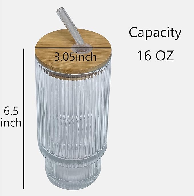 8-Pack Ribbed Glass Tumblers with Lids and Straws - 16oz Iced Coffee Cups, Reusable Glass Cups with Bamboo Lids Set for Tea, Matcha, Cocktails & Sparkling Water - Gift for Christmas, Birthdays