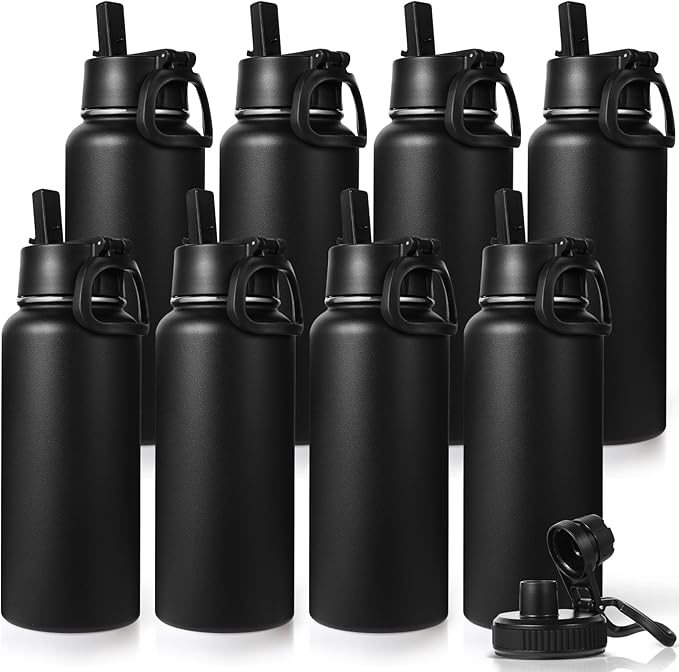 Neihepal 32 oz Insulated Water Bottles Bulk with 2 Lids (Straw & Spout Lid), Stainless Steel Double Wall Water Bottle, Keeps Cold 24H & Hot 12H (Black,8 Pack)