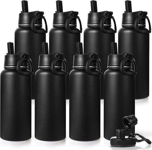 Neihepal 32 oz Insulated Water Bottles Bulk with 2 Lids (Straw & Spout Lid), Stainless Steel Double Wall Water Bottle, Keeps Cold 24H & Hot 12H (Black,8 Pack)