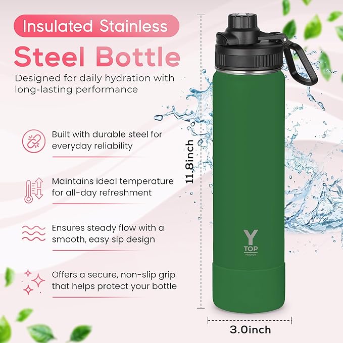 Y TOP 24oz Insulated Water Bottle Cup Holder Friendly, Leak Proof Spout Lid, Double Wall Insulation, Dishwasher Safe, Easy Clean Stainless Steel Water Bottle for Gym Kids Sports Travel School Hiking