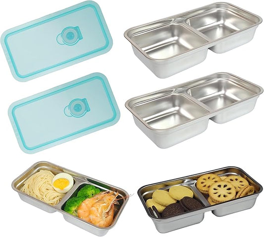 Stainless Steel Snack Containers,2 Compartment Reusable Snack Containers with Lids,Snack Box,Stainless steel lunch containers for Travel,Office,Outdoor Camping,Daily Use (2PCS)