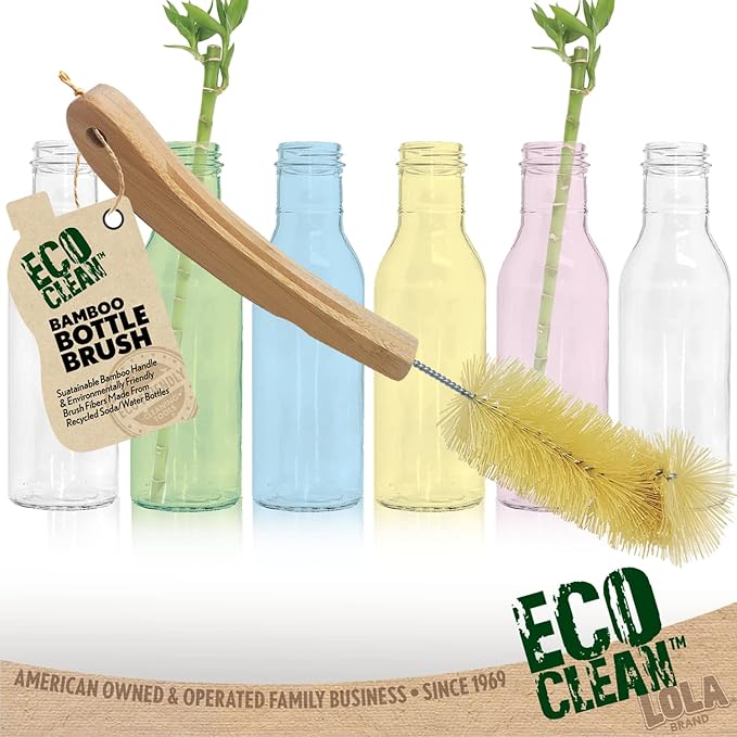 LOLA Bamboo Bottle Brush, 6 Pack, Ergonomic Durable Bamboo Handle, Non Scratch, Easy Storage, Bristles Made from Recycled Soda/Water Bottles