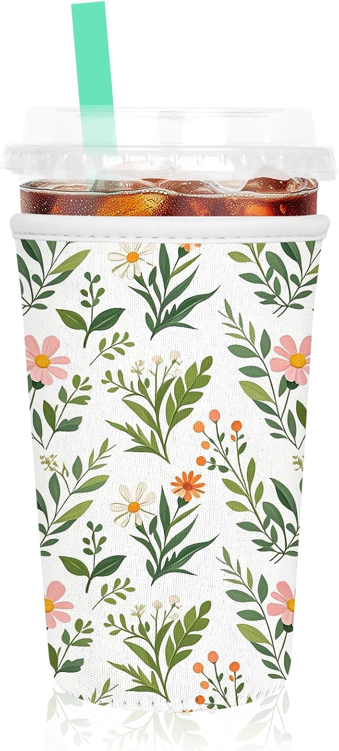 Iced Coffee Sleeve, Reusable Insulated Neoprene Cup Sleeve for Cold & Hot Drinks Beverages, Cup Holder for 32oz Coffee Cups,White Leaves