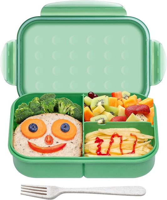 Wheat Straw Lunch Box - Leakproof Bento Box for Kids & Adults, BPA-Free 3-Compartment Food Containers, Microwave & Dishwasher Safe (Green, 5.5 Cup)