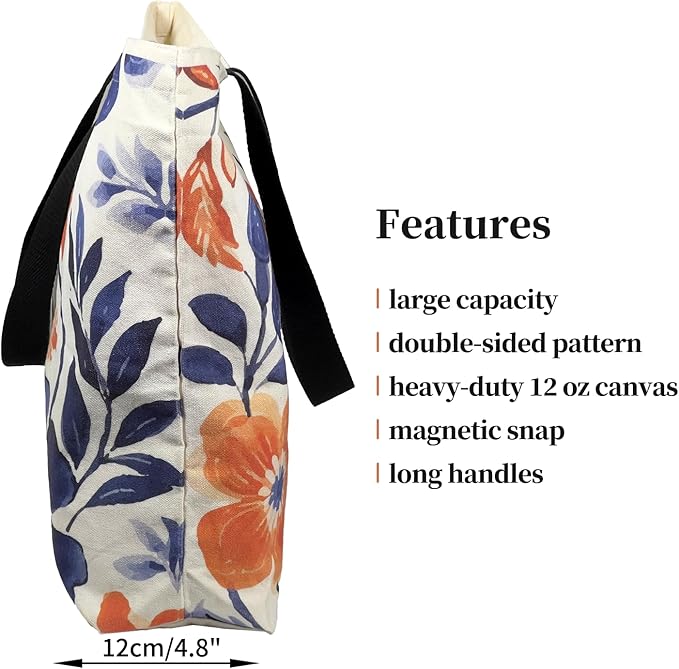 Large Tote Bag for Women, Floral Grocery Tote with Snap Thick Canvas Both Side Pattern, Gift Daily Use Shopping Travel Picnic