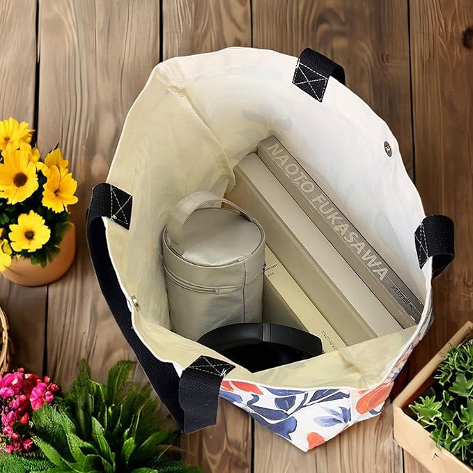 Large Tote Bag for Women, Floral Grocery Tote with Snap Thick Canvas Both Side Pattern, Gift Daily Use Shopping Travel Picnic