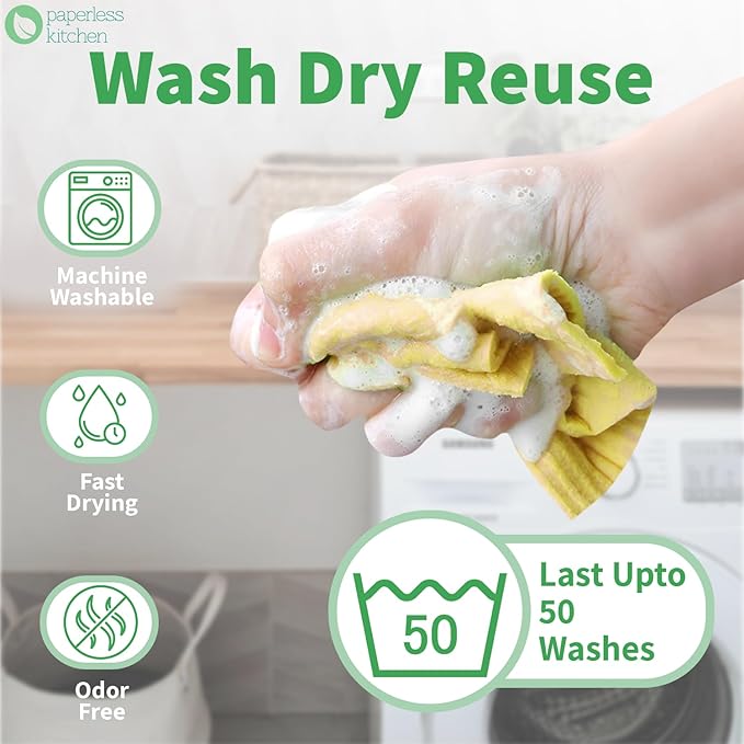 Reusable Swedish Dishcloths for Kitchen – Eco Friendly Paper Towel Alternative – Absorbent, Washable, Compostable Cleaning Cloths – 4 Pack by Paperless Kitchen