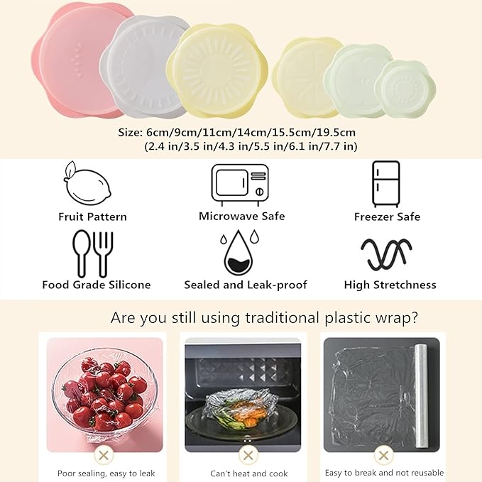 Silicone Stretch Lids Set for Food Storage, Fruit Pattern Food-grade Reusable Silicone Sealing Food Covers for Fresh-keeping Bowl Container Microwave and Dishwasher Safe (6 pcs of Different Sizes)