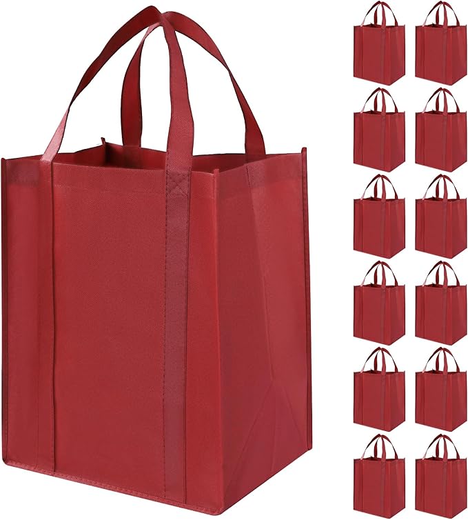 12 Pack Heavy Duty Reusable Grocery Bags - Large Shopping Totes Reinforced Handles, Holds 40 lbs, Foldable and Washable (Wine Red)