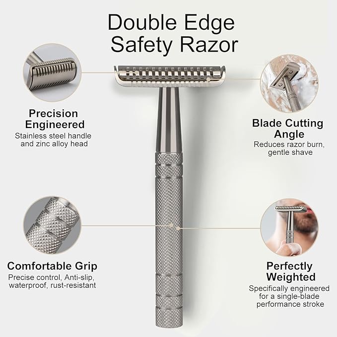 Double Edge Safety Razor with 10 Blades and Stand, Single Blade Razors for Men and Women, Long and Heavy Duty Stainless Steel Handle, Smooth Close Gentle Shave, Silver