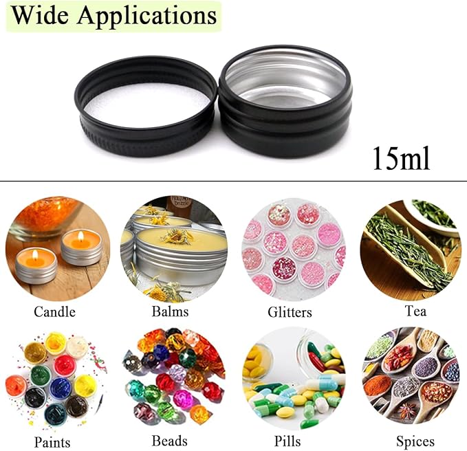 15 Pack 15g Travel Size Aluminum Tins, 15ml Black Metal Tin Cans 1/2 oz Containers with Screw Lid for Makeup Samples, Nails, Lip Gloss Balm, Salve, Slime, Spices, Candy, Paints, Candle, Tea
