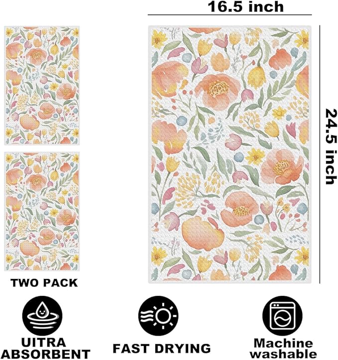 2Pcs Watercolor Floral Kitchen Towels 24x14 Inch, Spring Summer Flower Waffle Hand Towels for Kitchen Home Farmhouse Decor, Absorbent Microfiber Dish Cloth Tea Towel, Housewarming Gifts for Women
