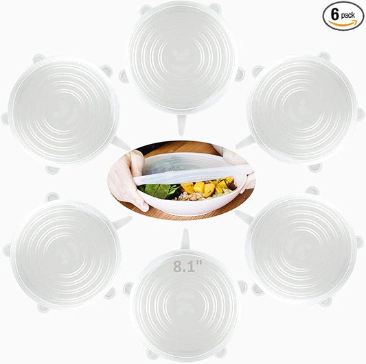 Silicone Stretch Lids, 6-Pack of Same Size 8.1 Inch Lids, BPA Free, Leakproof Reusable Silicone Lids for Various Shapes of Containers and Food Covers
