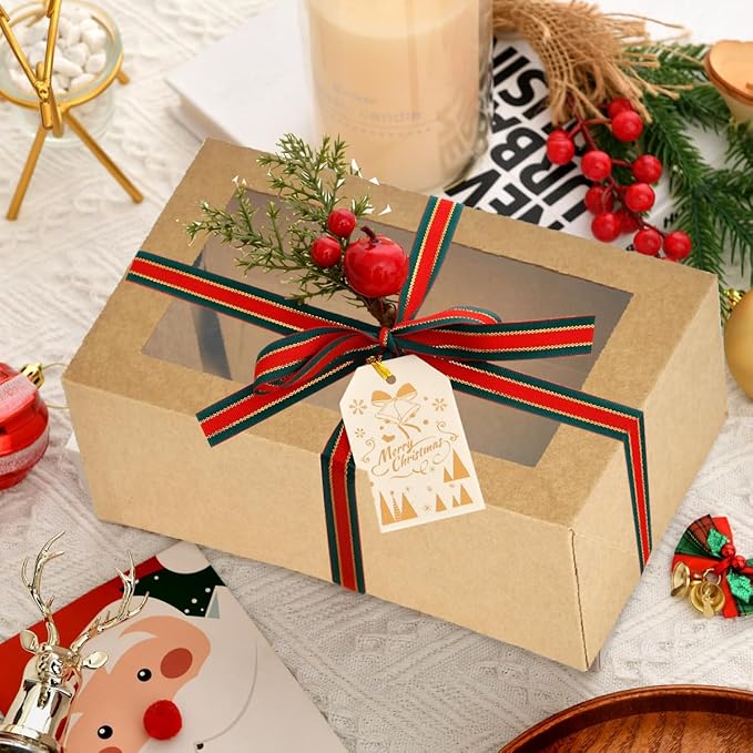 12 Pack Christmas Gift Boxes with Clear Window, brown Christmas Gift Boxes with Ribbon, Pine Sprigs & Berry Decorations for Holiday Wrapping, 8.7x5.9x2.8 Inch (brown)