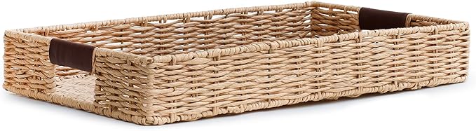 Handwoven Multipurpose Rectangle Rattan Tray, 20” x 12” – Durable Wicker Tray with Leather Handles for Home Decor Display