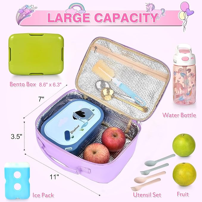 Lunch Box Kids, 11" L x 7" W x 3.5" H, Waterproof Reusable Insulated Lunch Bag for Girls, Cooler Bento Boxes Containers & Snacks for Elementary School Travel (Solid Purple)