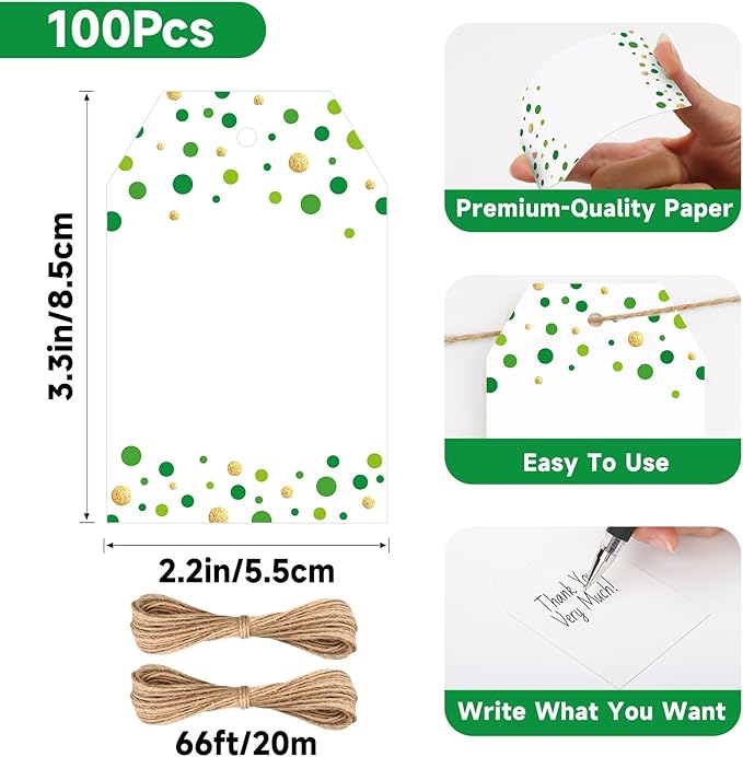 Anwyll Gift Tags with String - 100Pcs Green Gold Confetti Polka Dot Gift Bag Tags Personalized White Blank Hang Paper Label Tag for Birthday Party Bridal Shower Wedding St. Patrick's Day Favor Present