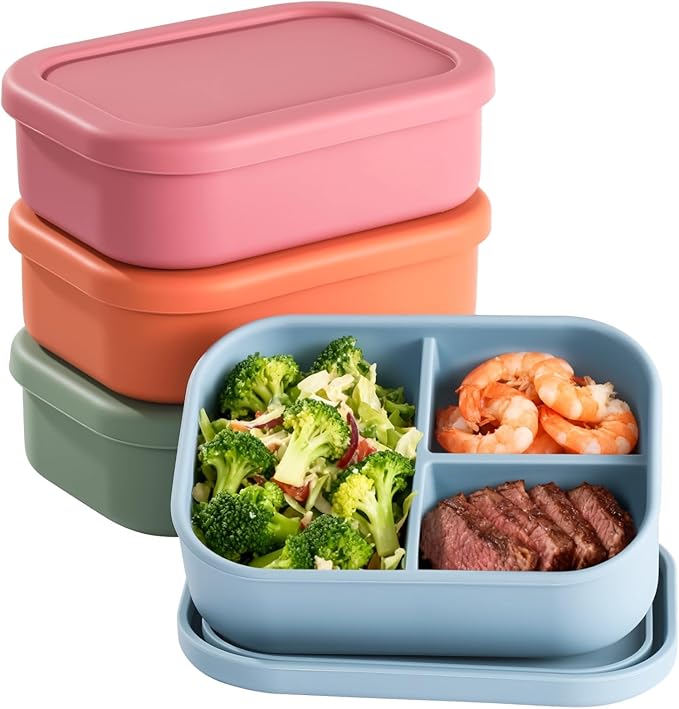 OMISTAR 4 PCS Silicone Bento Box 3 Compartment Reusable Bento, Silicone Lunch Container for Adults Work Travel Food Meal Compartment Storage, Microwave Dishwasher Freezer Safe (A)