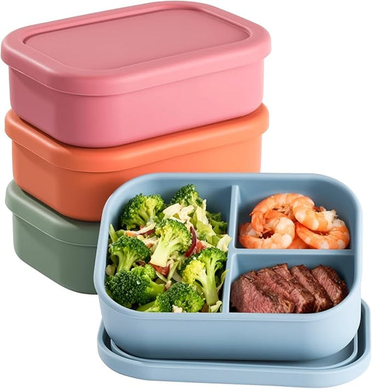 OMISTAR 4 PCS Silicone Bento Box 3 Compartment Reusable Bento, Silicone Lunch Container for Adults Work Travel Food Meal Compartment Storage, Microwave Dishwasher Freezer Safe (A)