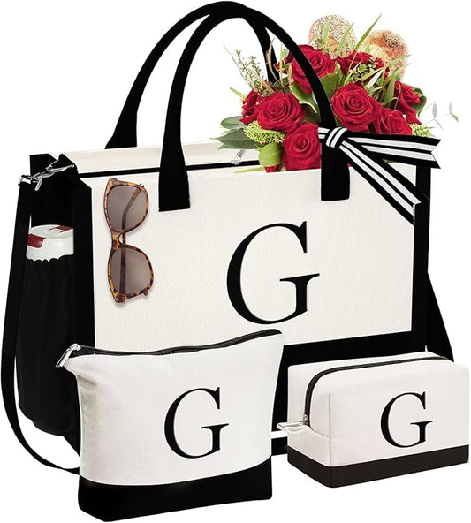 YOOLIFE Christmas Gifts for Women - Initial Canvas Tote Bag & Makeup Bag, Birthday Gifts for Women Mom Sister Friends