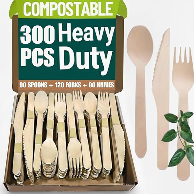 Wooden Cutlery Set Disposable - 300 PCS Wooden Compostable forks and Spoons with 120 Forks, 90 Spoons, and 90 Knives - Disposable Utensils Set for Outdoor, Party, Camping & More